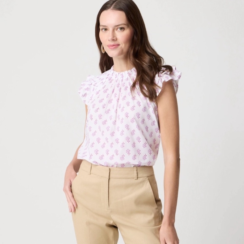 🆕 J. Crew Flutter Sleeve Floral Top in White Violet Storm Cottagecore Resort Lux